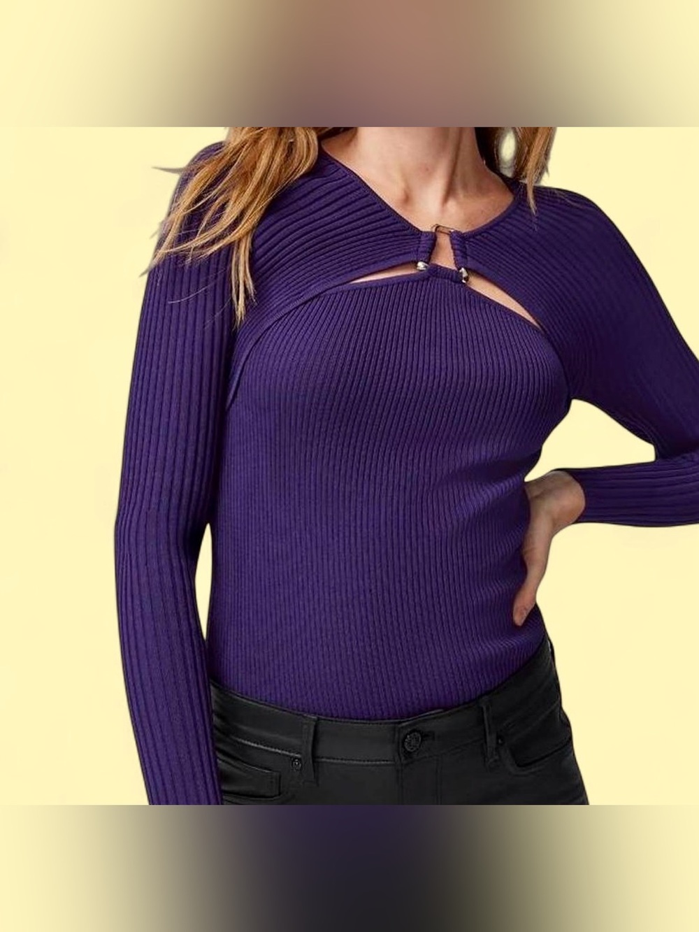 White House Black Market Purple Ribbed Cutout Long Sleeve Top with Clasp Detail